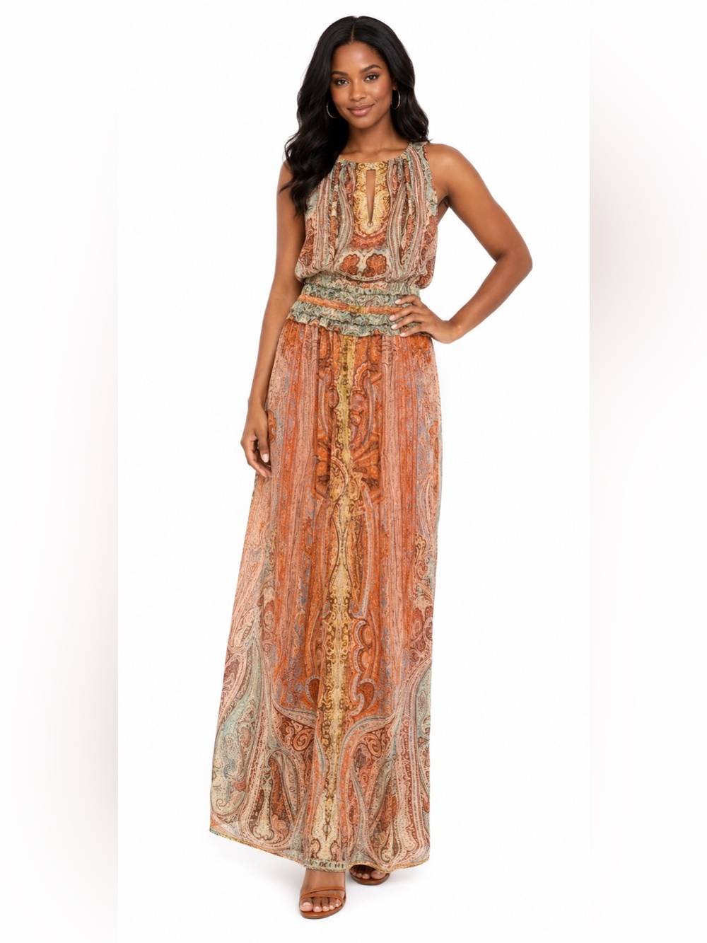 Soho Apparel Size 8 Paisley Boho Maxi Dress Sleeveless Smocked Waist